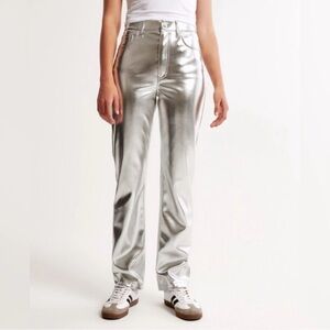 Holiday Abercrombie 90s Straight Ultra High Rise Vegan Leather Pants Silver 31L